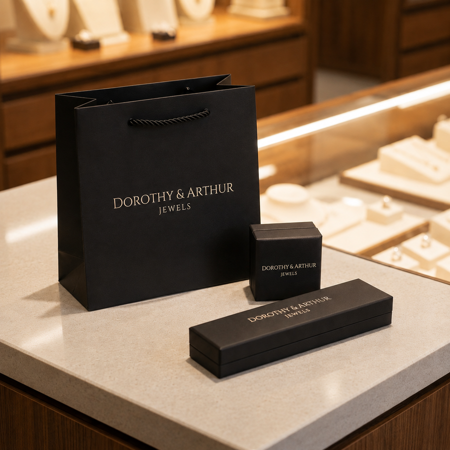 Dorothy & Arthur Jewels branded packaging - gift bag, box and case